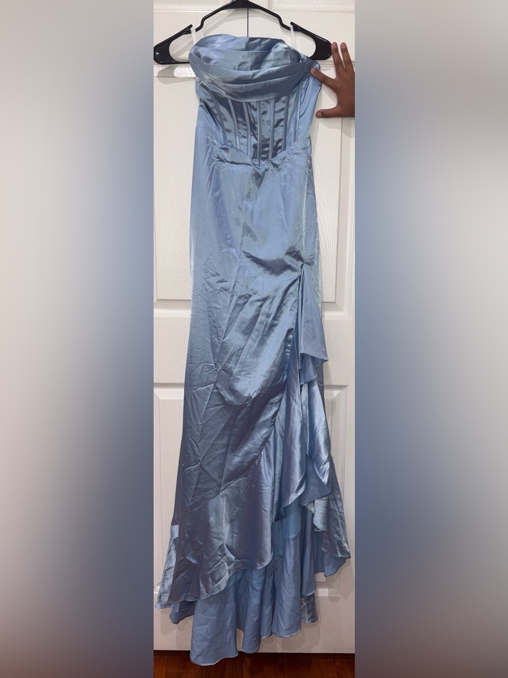 Strapless Satin Maxi Skirt in Light Blue